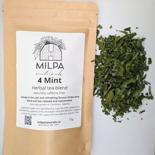 4 Mint Herbal Tea Blend. Milpa Naturals. Naturally grown in Cardston, Alberta. Apple Mint, Peppermint, Chocolate Mint, Spearmint