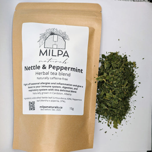 Nettle & Peppermint Herbal Tea Blend. Milpa Naturals Naturally grown in Cardston, Alberta.