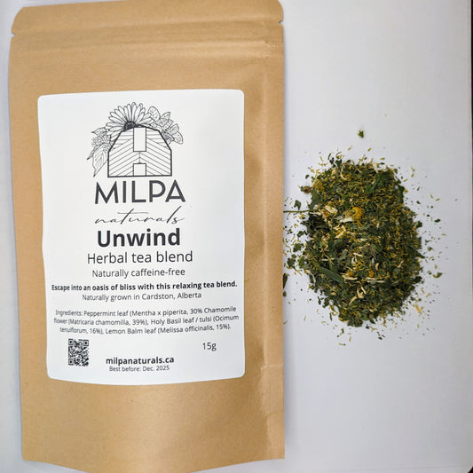 Unwind Herbal Tea Blend. Milpa Naturals. Naturally grown in Cardston, Alberta. ingredients: Peppermnt, chamomile flower, Holy Basil, Tulsi, Lemon Balm